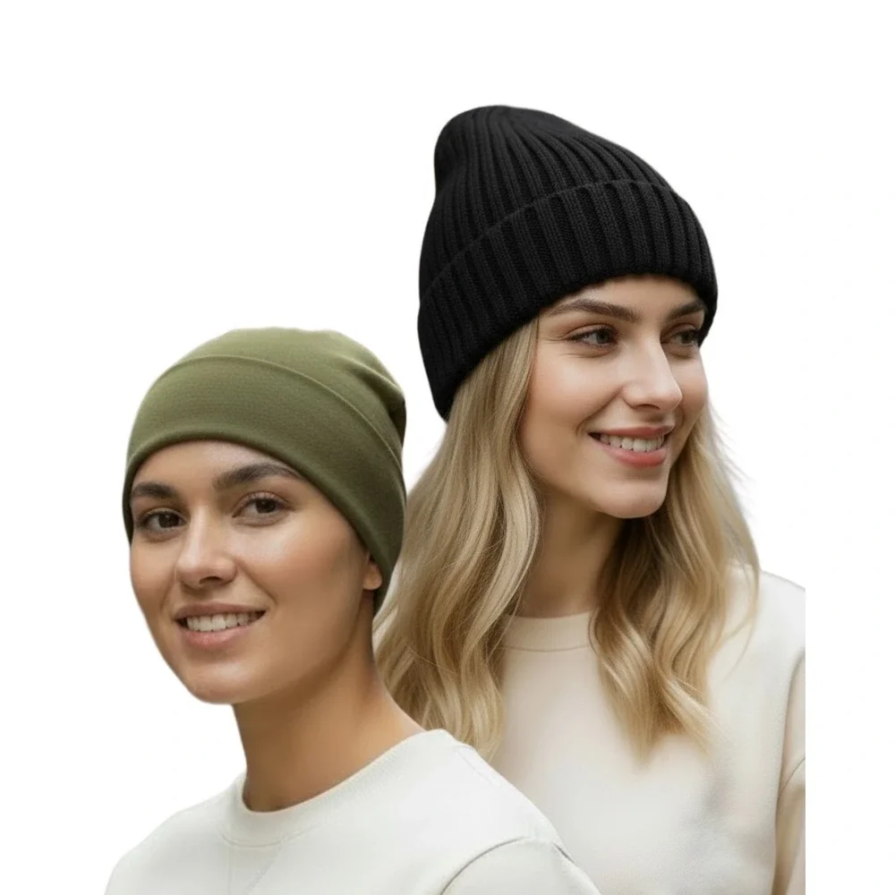 Upcycled Merino Wool Beanie Hats 2 Pack Black & Olive Green Ribbed‎ Knit | Med.